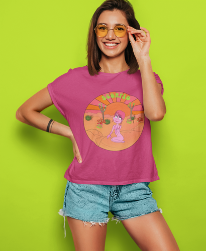 cute girl holding her yellow glasses with her raspberry scorpio t-shirt