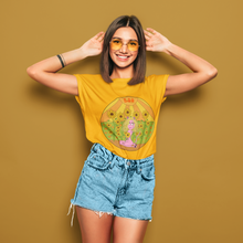 Load image into Gallery viewer, cute girl with yellow John Lennon glasses wearing a gold Leo t-shirt astrology gifts for her astro gifts 
