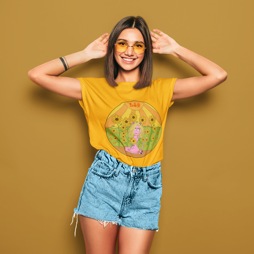 cute girl with yellow John Lennon glasses wearing a gold Leo t-shirt astrology gifts for her astro gifts 